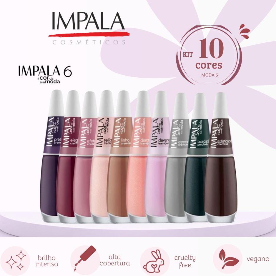 Kit 10 Esmaltes Impala Coleção A Cor da Sua Moda 6 Unhas Manicure Atacado