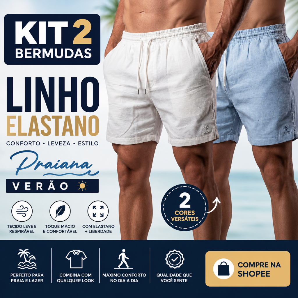 Bermudas Masculinas Linho Elastano Praiana Confortável Verão varias ocasiões Kit com 2  — CML's Achei Comprei