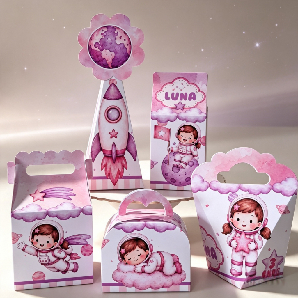 Kit Caixinhas Personalizadas Astronauta Menina Festa Infantil Lembrancinha