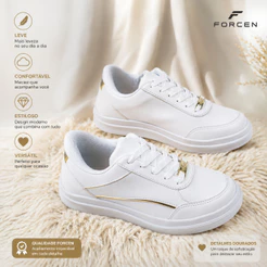 Tênis Feminino Casual Branco Dourado Retrô Confortável Leve para Trabalho Dia a Dia Passeio