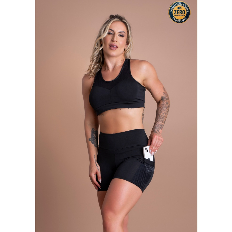 Conjunto Fitness Feminino Short Cintura Alta Bolso Tela Cabe Celular E Top Nadador Tela Academia ZERO TRANSPARÊNCIA