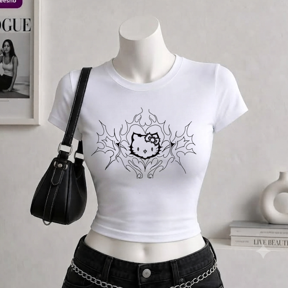 Blusa y2k camiseta feminina hellokitty streetwear gotica estilo rock punk babytee justa no corpo