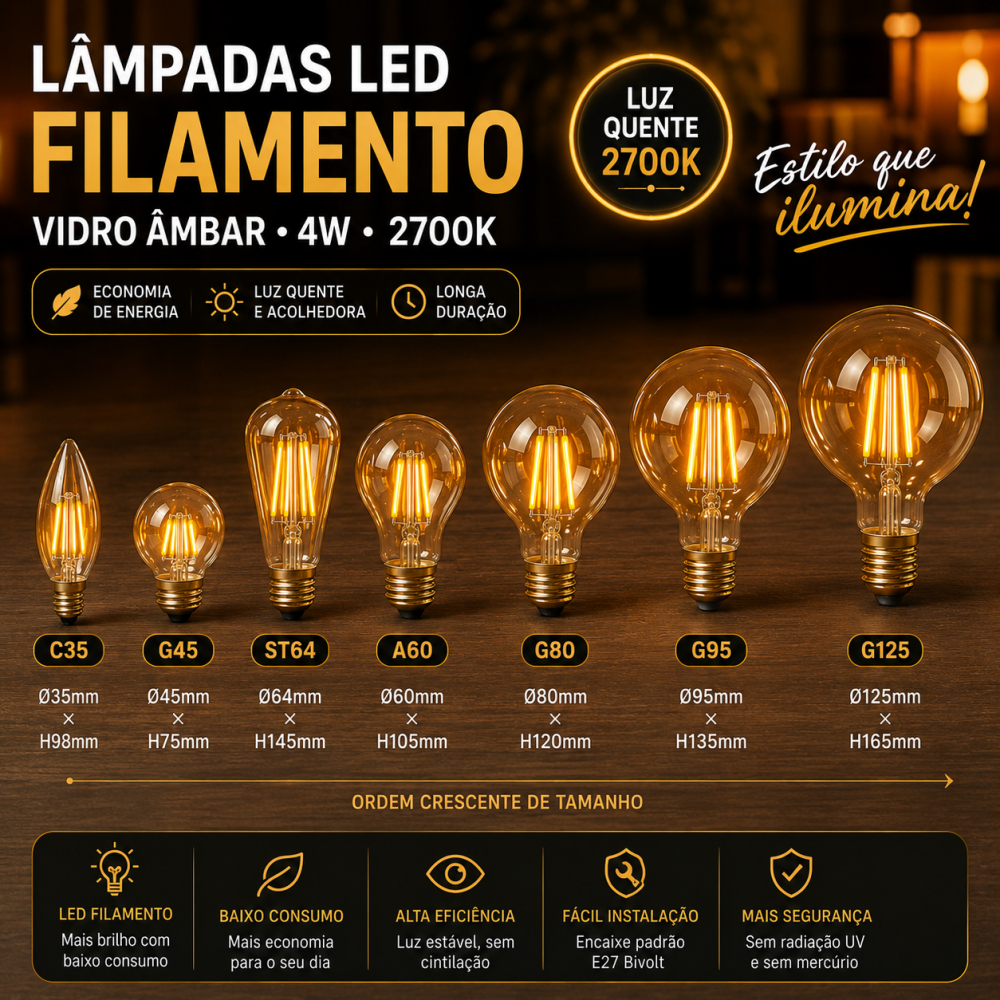 Lâmpada Filamento De Led 4W St64 A60 G80 G95 G125 G45 C35 Vela E14 Âmbar 2700K Bivolt