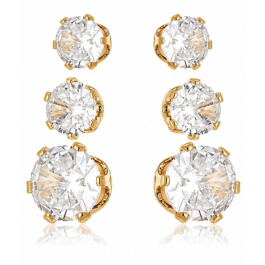 Trio Ponto de Luz Zircônia Brinco Feminino Banahdo a Ouro 18k  3mm 4mm e 5mm ENVIO IMEDIATO!