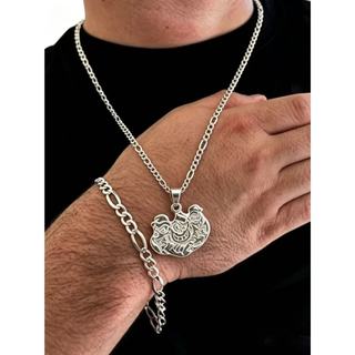 Corrente Cordão Com Pulseira e pingente imaos Banhado Prata 925 Masculina 60Cm-70cm 4mm
