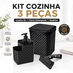 Kit Organizador de Pia Cozinha 3 Peças Lixeira 5L Porta Detergente Rodinho Rattan Preto