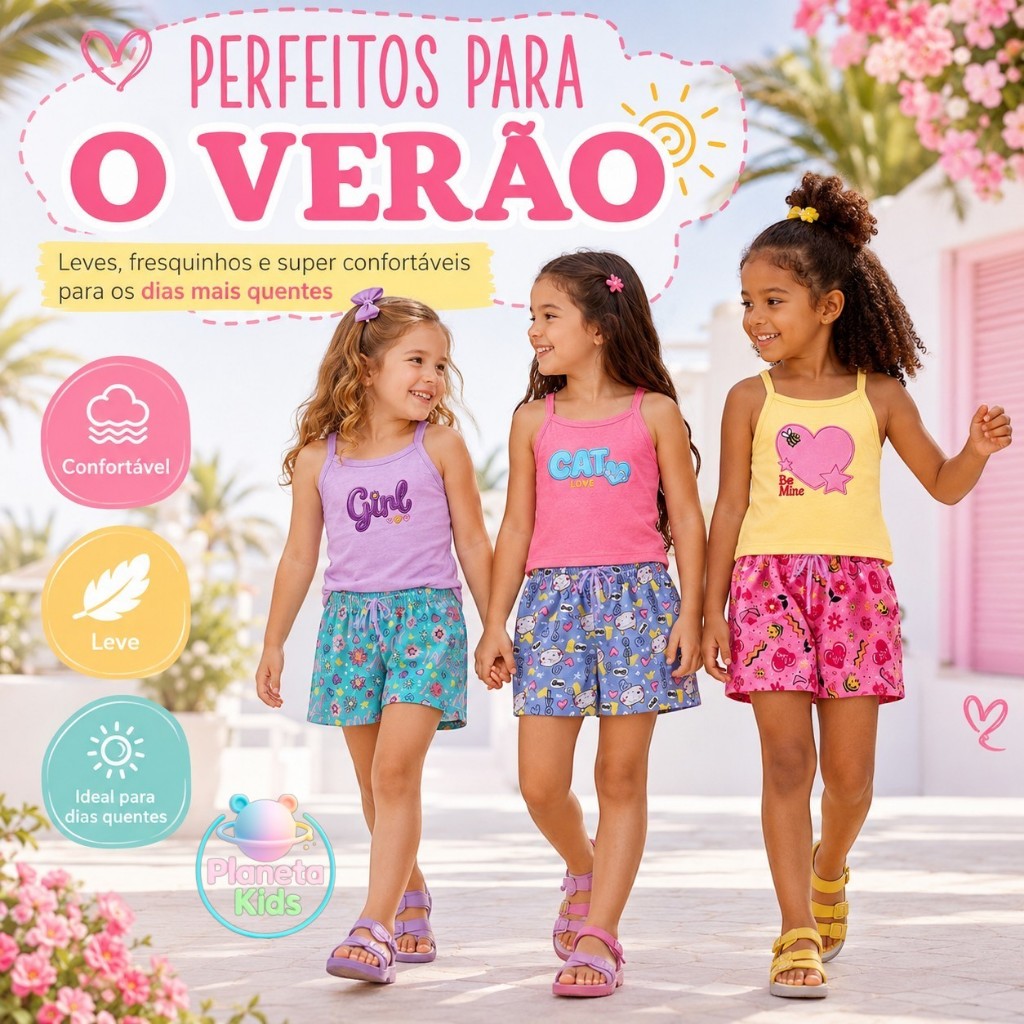Conjunto Infantil Menina Verão com Blusa Bordada de Alça e Shorts Estampado 1 ao 16