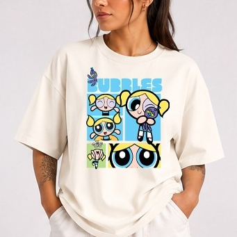 Camiseta Meninas Superpoderosas Estampa Bubbles Lindinha Cartoon Feminina Oversized