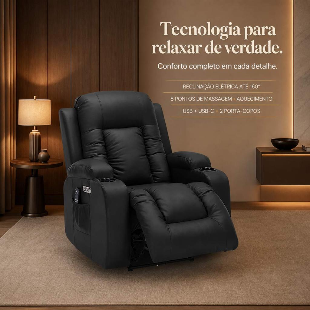 Cadeira do Papai Reclinável Elétrica Poltrona de Leitura Gambon Massagem USB PU Preto G94