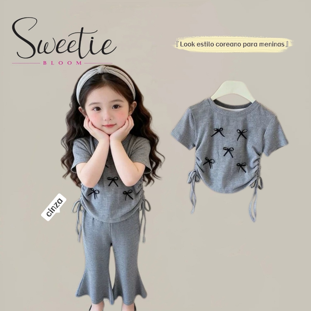 Conjunto Infantil Feminino 2 Peças no Estilo Coreano Camiseta de Manga Curta com Laço + Calça Flare. Tendência e Fofo!