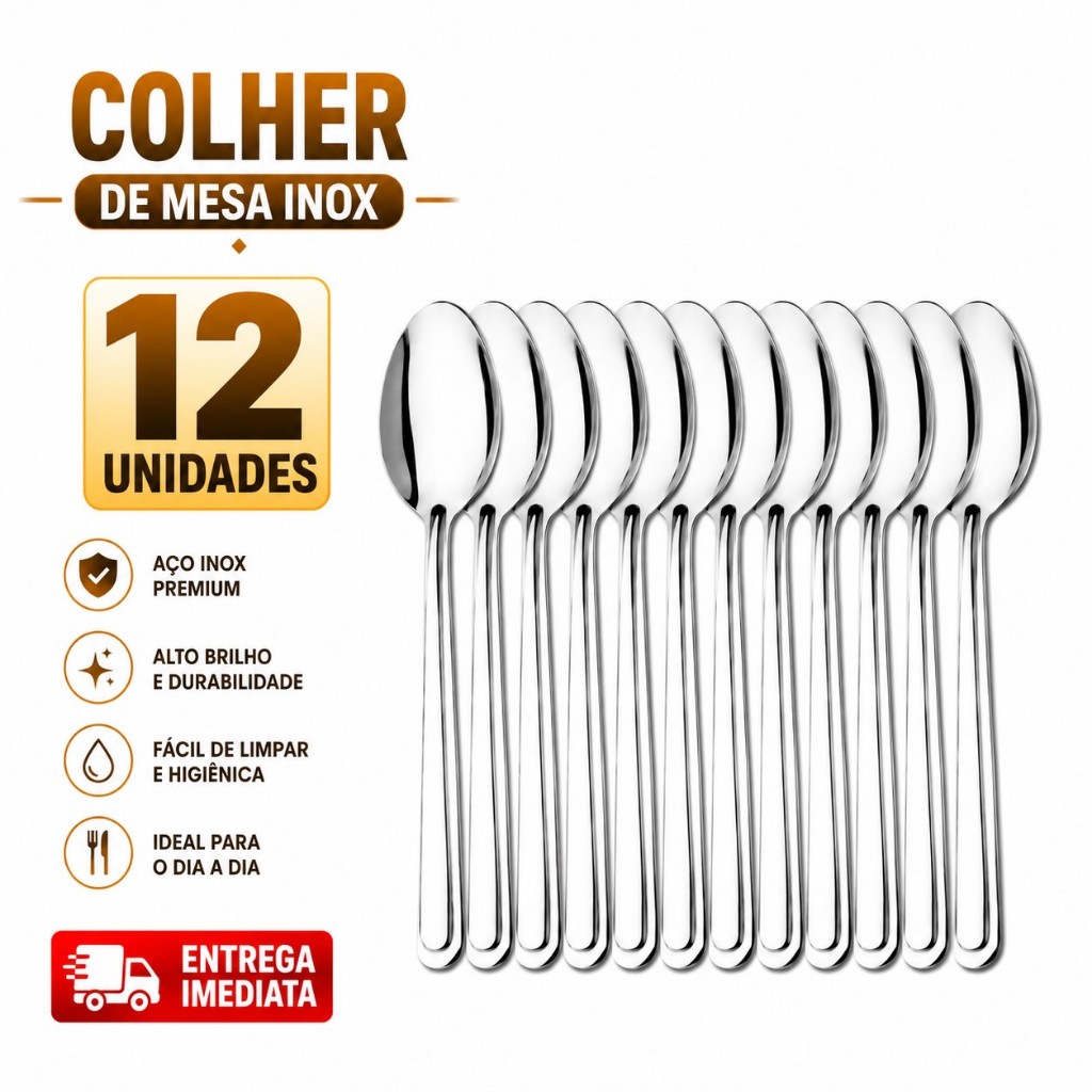 Kit 12 Colheres de Mesa Inox Resistentes para Casa Restaurante e Buffet Prateado Inoxidável