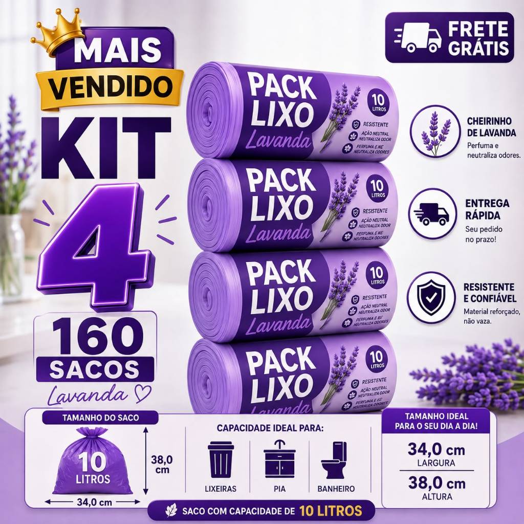 Kit 4 Rolos Saco de Lixo Perfumado Lavanda 10L 160 Sacos Resistente Pia Banheiro