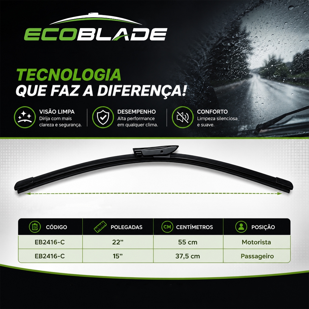 Par De Palhetas Limpador Parabrisa Ecoblade Volkswagen Fox 2013 A 2021 Alta Durabilidade Silicone Silenciosa Premium — imagem 2 de 2