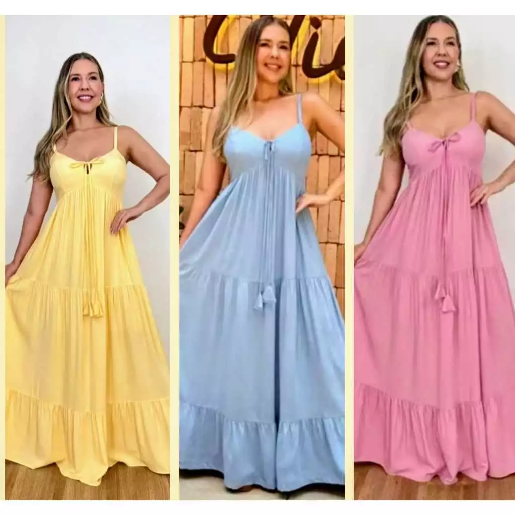 vestido longo feminino moda premiou com lastex nas costas com detalhes no busto — imagem 1