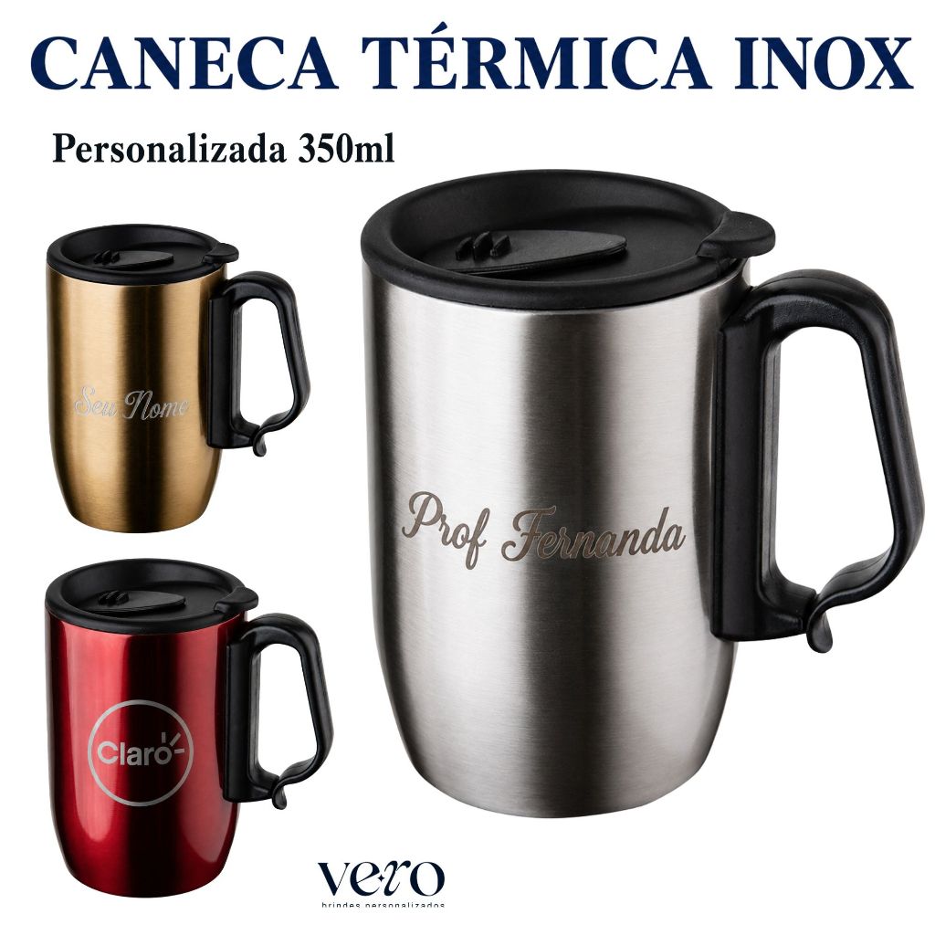 Caneca Térmica Inox 350ml com Alça e Tampa Personalizada a Laser Nome Empresa Logo Símbolo Profissões Presente Brinde