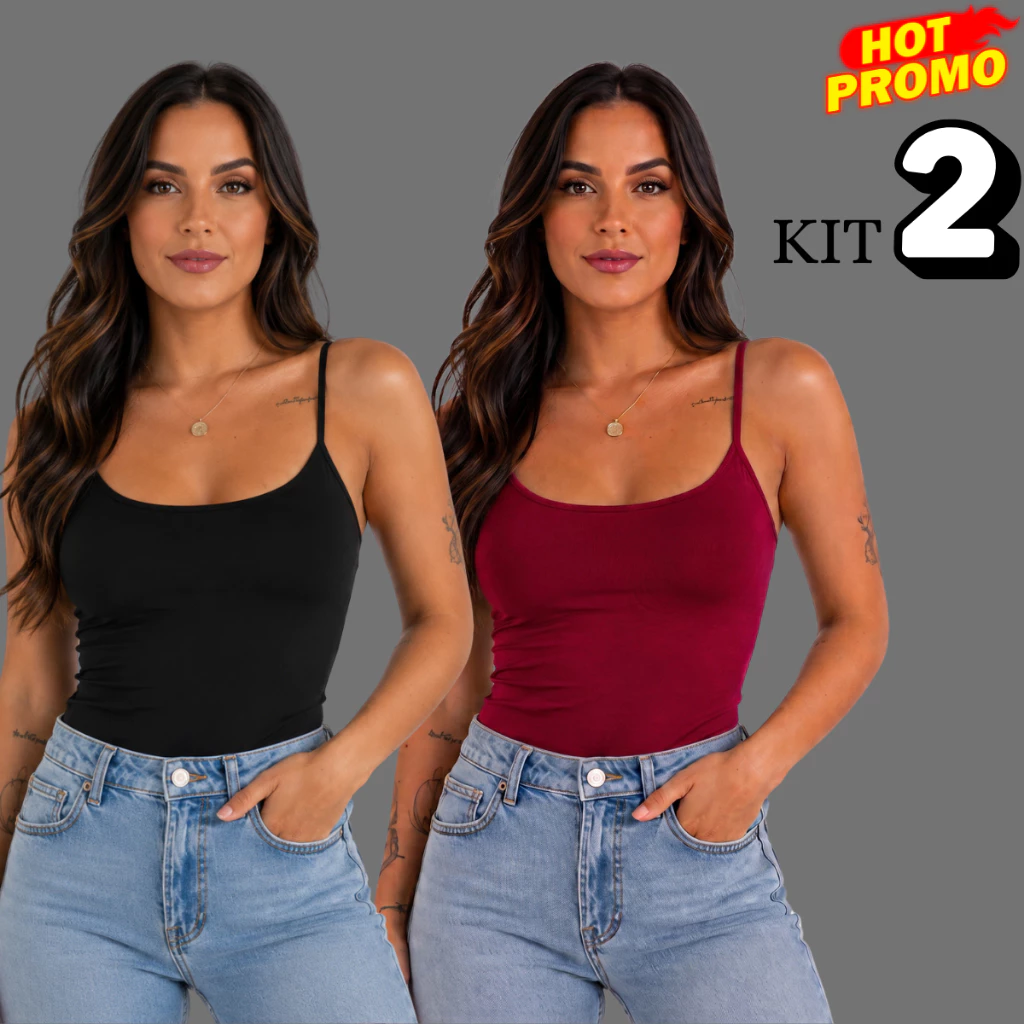 KIT 2 Blusa Regata Alcinha Feminina Suplex Alça Fina Básica Cropped Tube — imagem 1