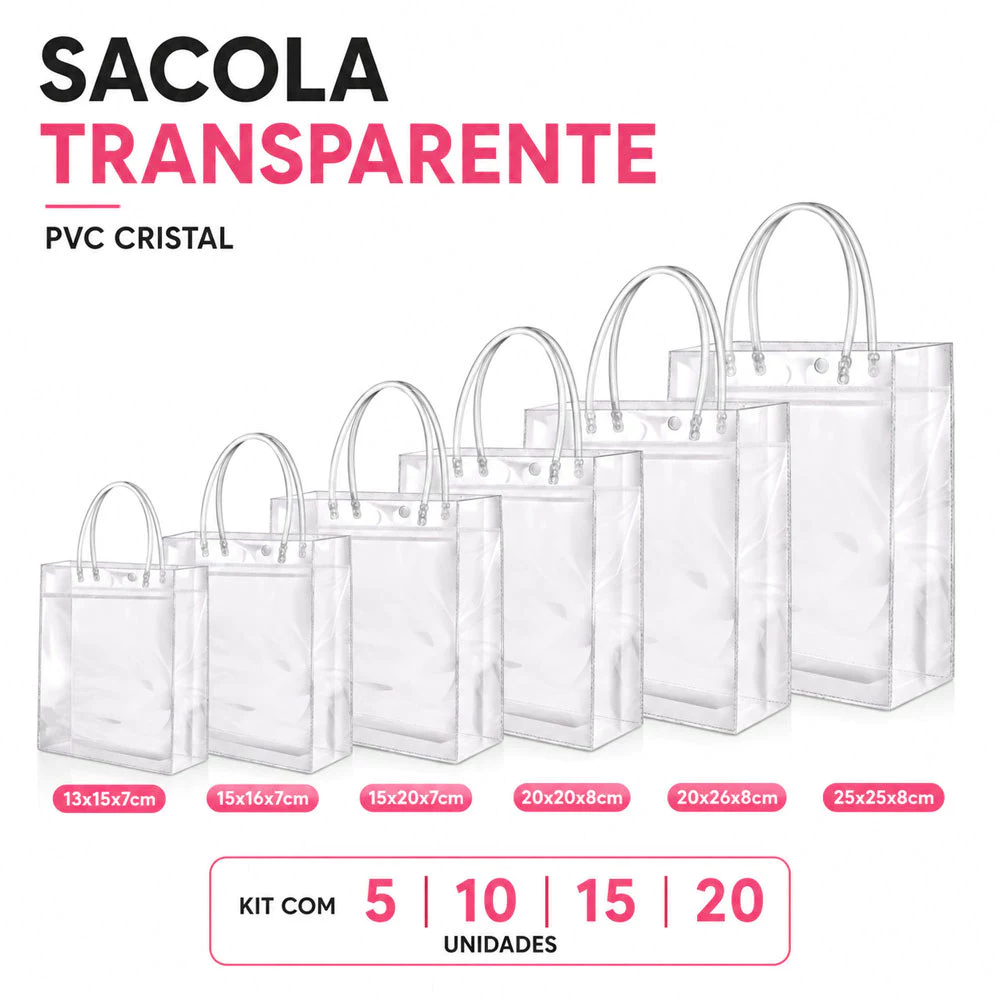 Kit 5/10/20/30/50 Sacola Transparente PVC Multiuso Impermeável para Presentes e Praia