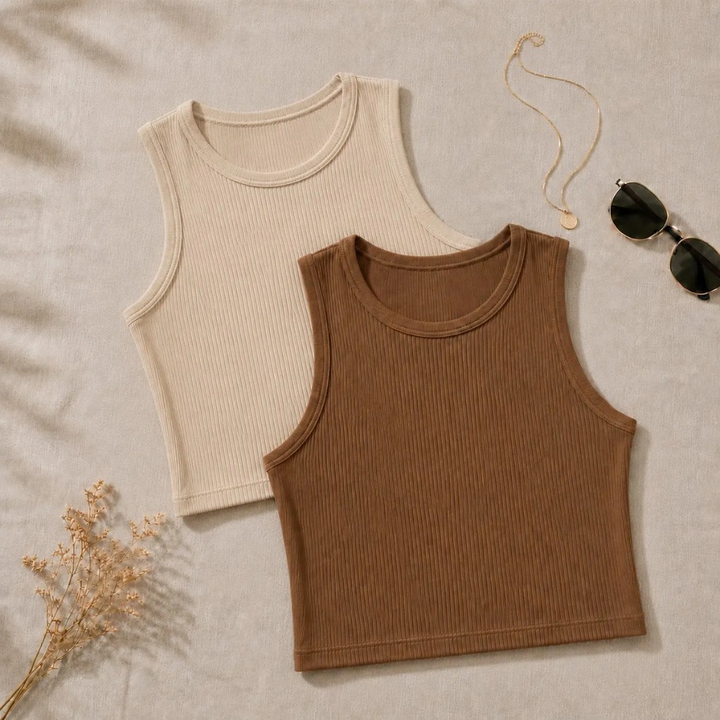 Kit 2 Cropped Feminino Canelado Regata Básico Gola Redonda Casual Tecido Confortável Premium