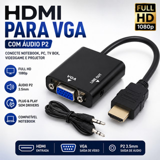 Conversor HDMI para VGA 1080P com Áudio P2 para PC Notebook Desktop Monitor Projetor TV Box Adaptador Vídeo Full HD