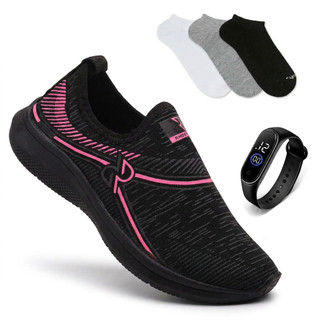 Kit Tênis Meia feminino Sem Cadarço + Relógio + 1 Par Meia Branco 34 Ao 43