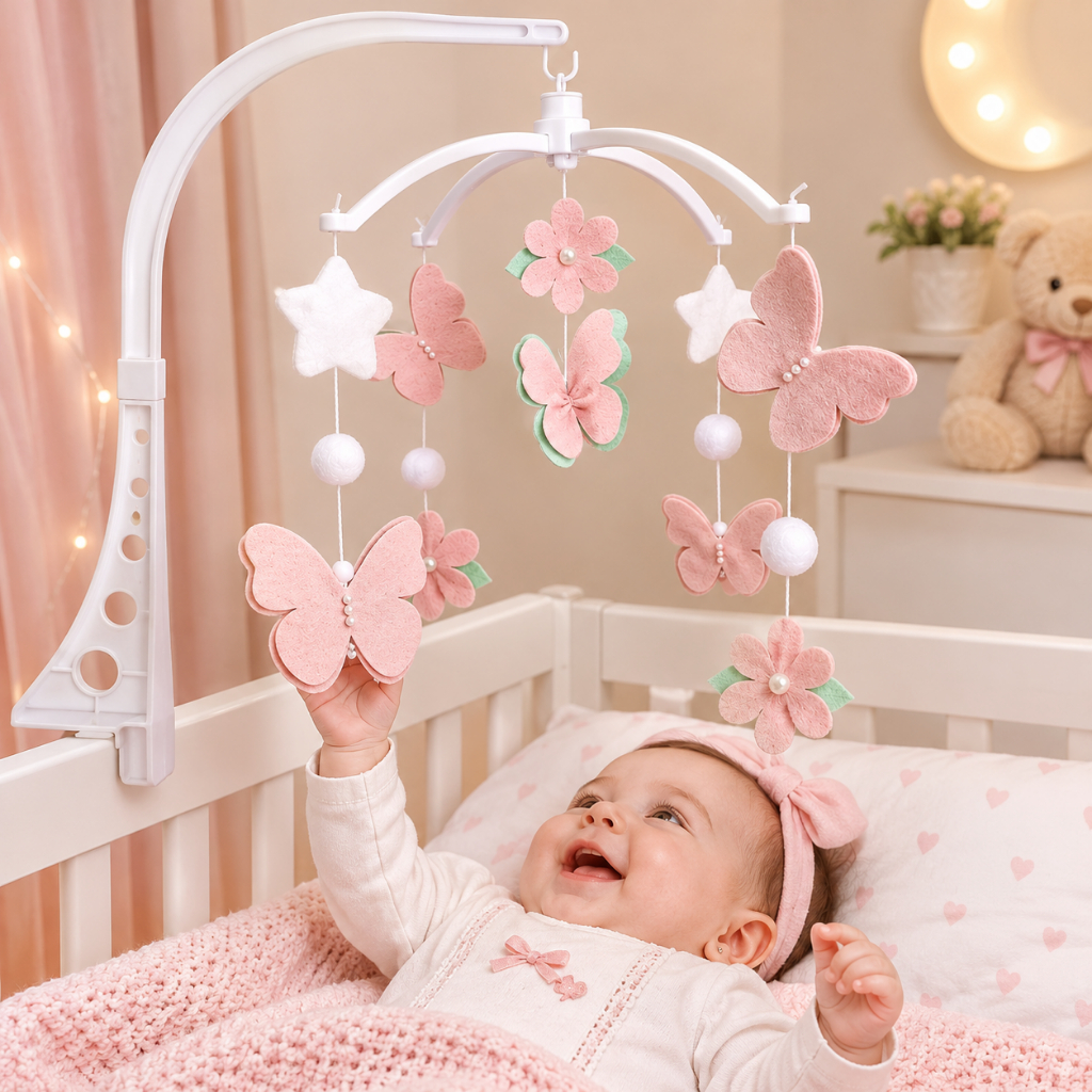 Móbile Baby Móbile de Berço Musical e Giratório Borboletas Rosa e Branco Menina