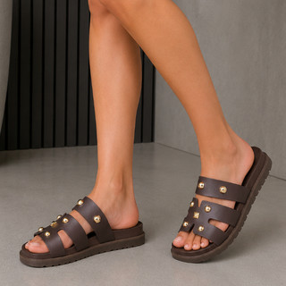 Sandália Feminina Papete Birken Rasteira Premium Com Detalhe Dourado Elegante Casual E Sofisticada