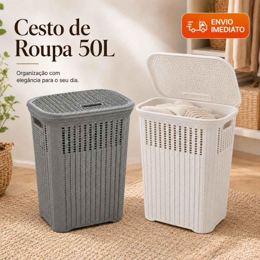 Cesto de Roupa Rattan Grande 50 Litros com Tampa para Banheiro