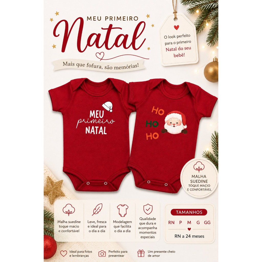 BodyNatal Bebê Gola Envelope Meu Primeiro Natal Menino Menina 0 a 24 meses