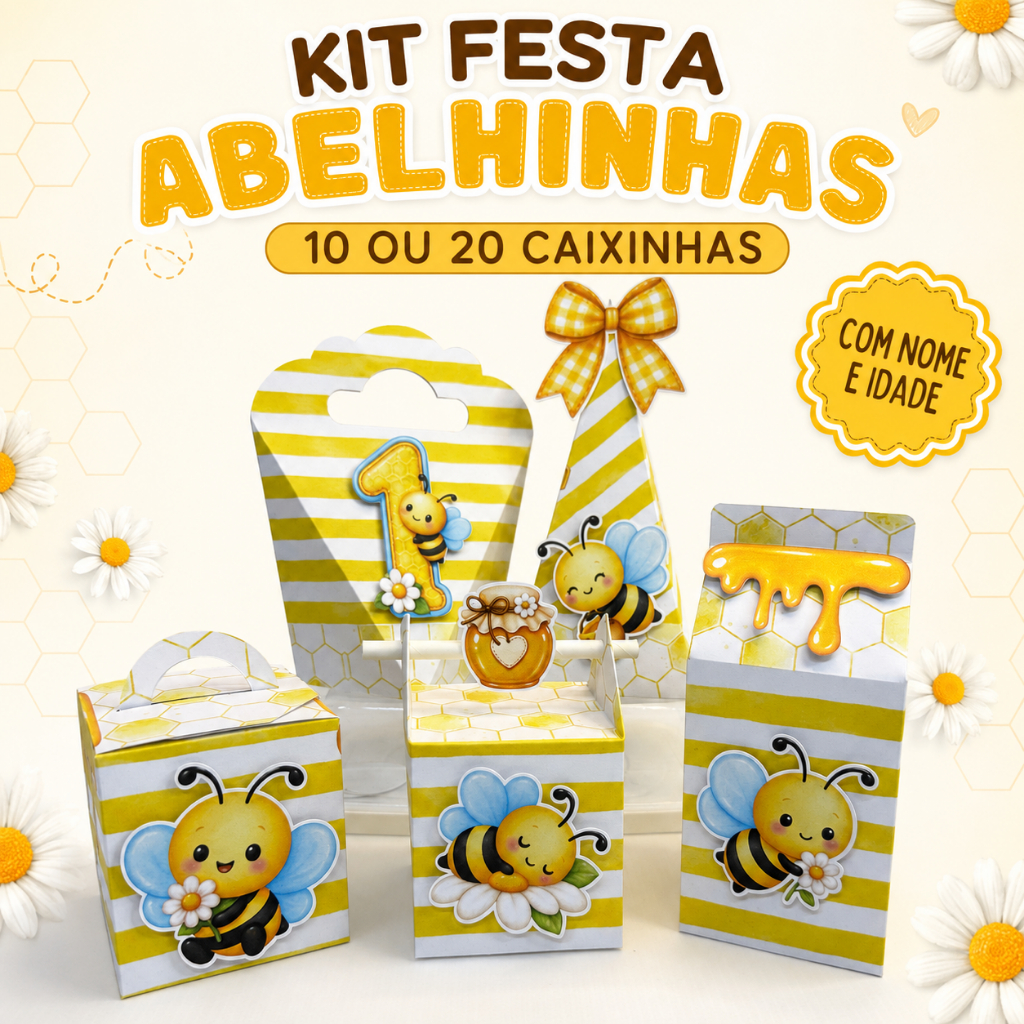 Kit Festa Abelhinhas 10 ou 20 Caixinhas Personalizadas com Nome e Idade | Lembrancinhas Aniversário
