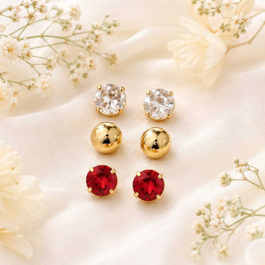 kit 3 Brincos Feminino Folheados a Ouro 18k hipoalérgico Clássico Brasil Elegante Delicado.