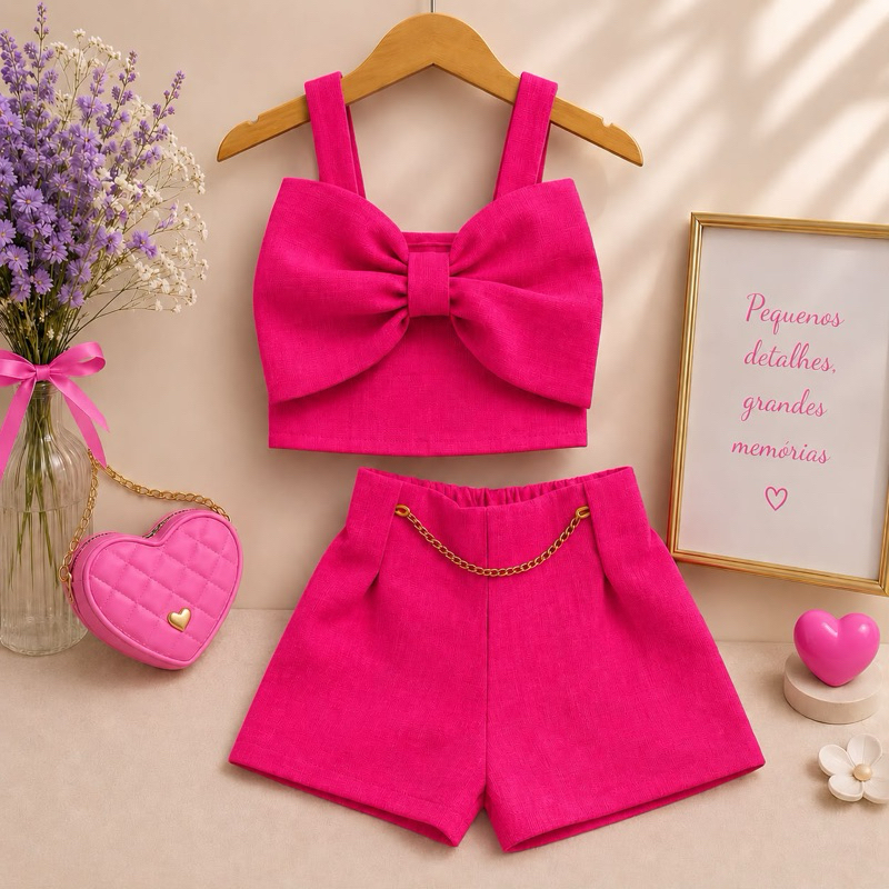 Conjunto Linho Infantil Menina do 2 ao 10 Anos Cropped Laço Moda Blogueirinha Verão