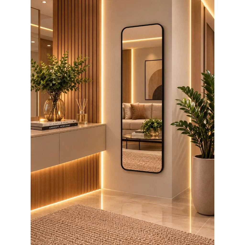 Espelho Retangular com Moldura em Couro Decorativo para Hall Closet Quarto | 100x35 90x40 70x30 50x25 — imagem 1