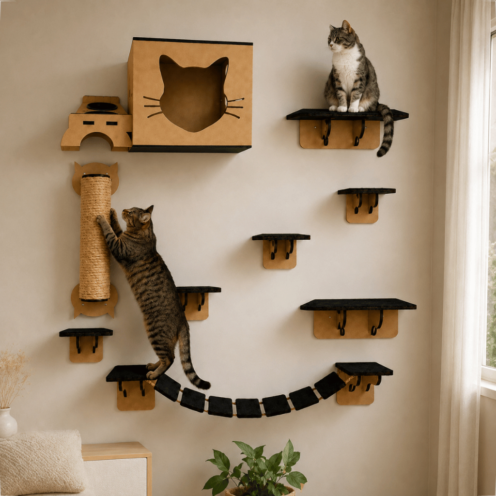 Playground Para Gatos 10 Peças Arranhador + Comedouro Com 2 Potes Plásticos