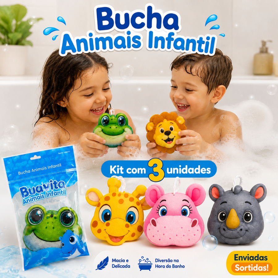 Kit 3 Bucha de Banho Infantil – Animais Divertidos – Brincadeira e Higiene para Crianças