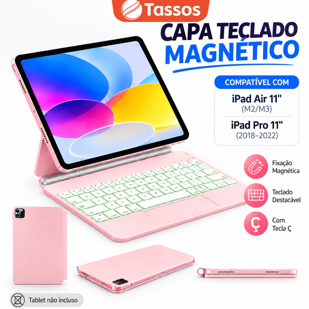 TASSOS Teclado para iPad Air 11 M2 M3 Pro 11 Capa Magnética Bluetooth Touchpad R