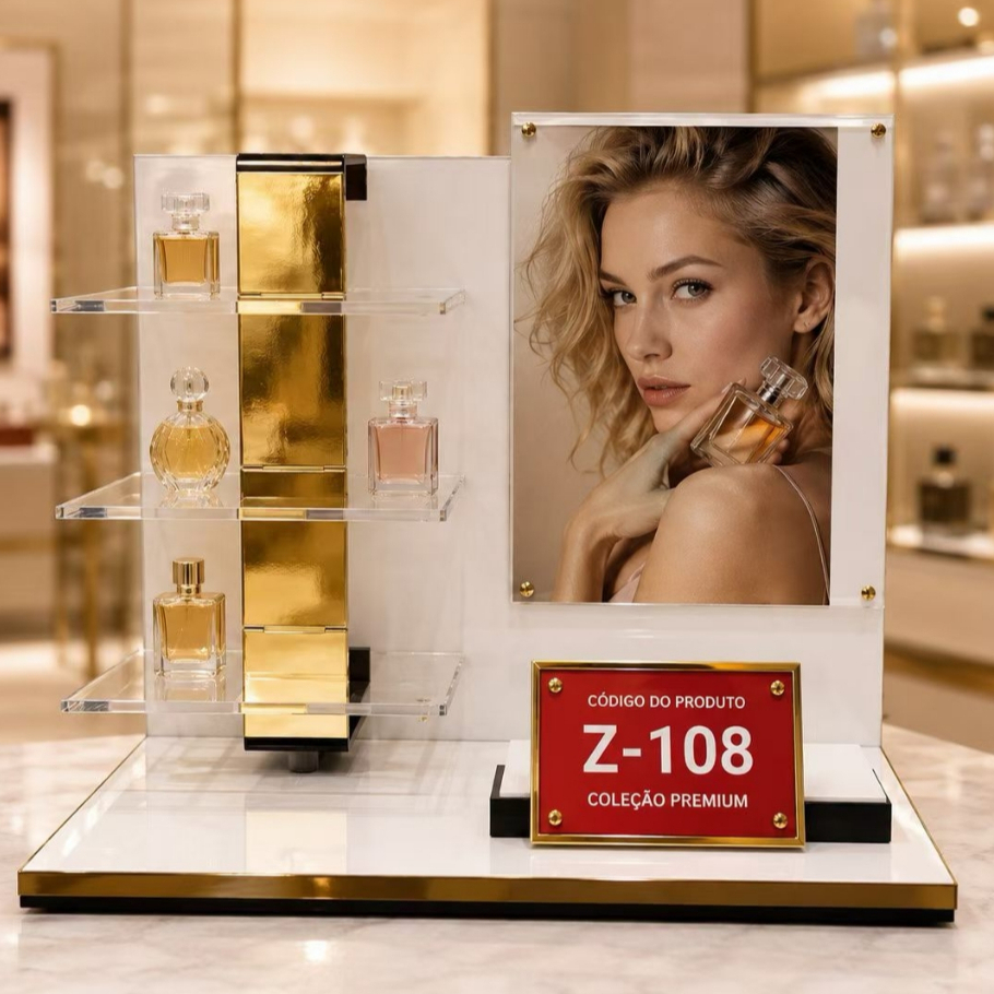 Prateleiras de arte são usadas para exibir óculos perfumes relógios joias e outros pequenos objetos