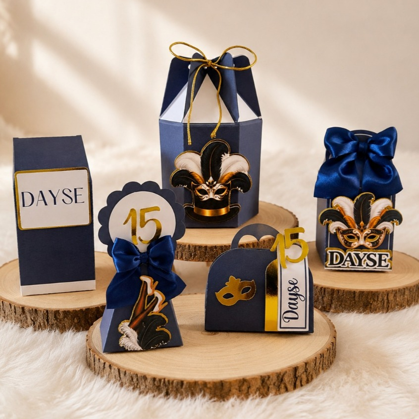 Caixinha Personalizada Azul 15 Anos Baile De Máscara Papelaria Personalizada Kit Festa Lembrancinha Aniversário