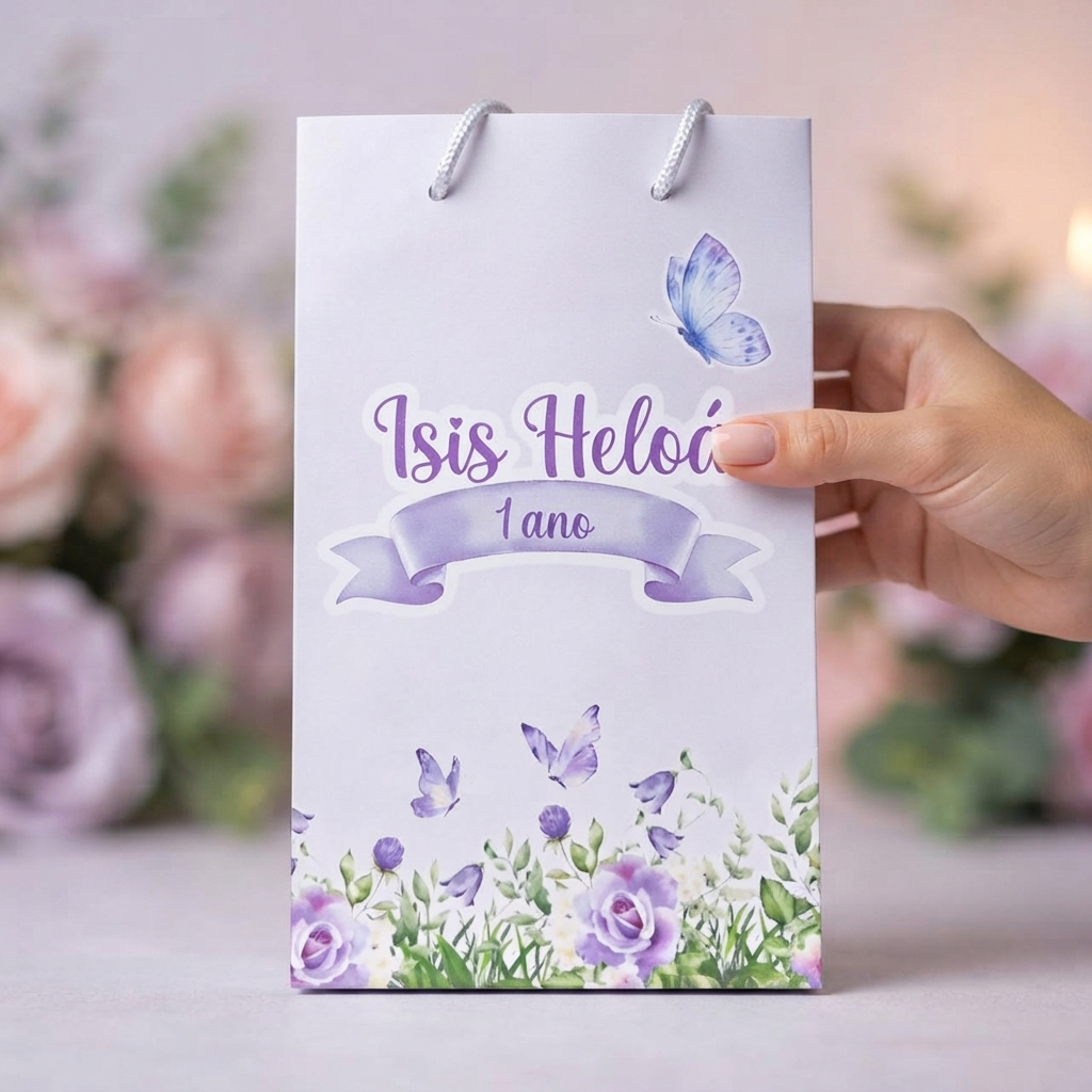 KIT SACOLINHAS  PERSONALIZADAS JARDIM DAS BORBOLETAS LILAS  - C/ NOME E IDADE