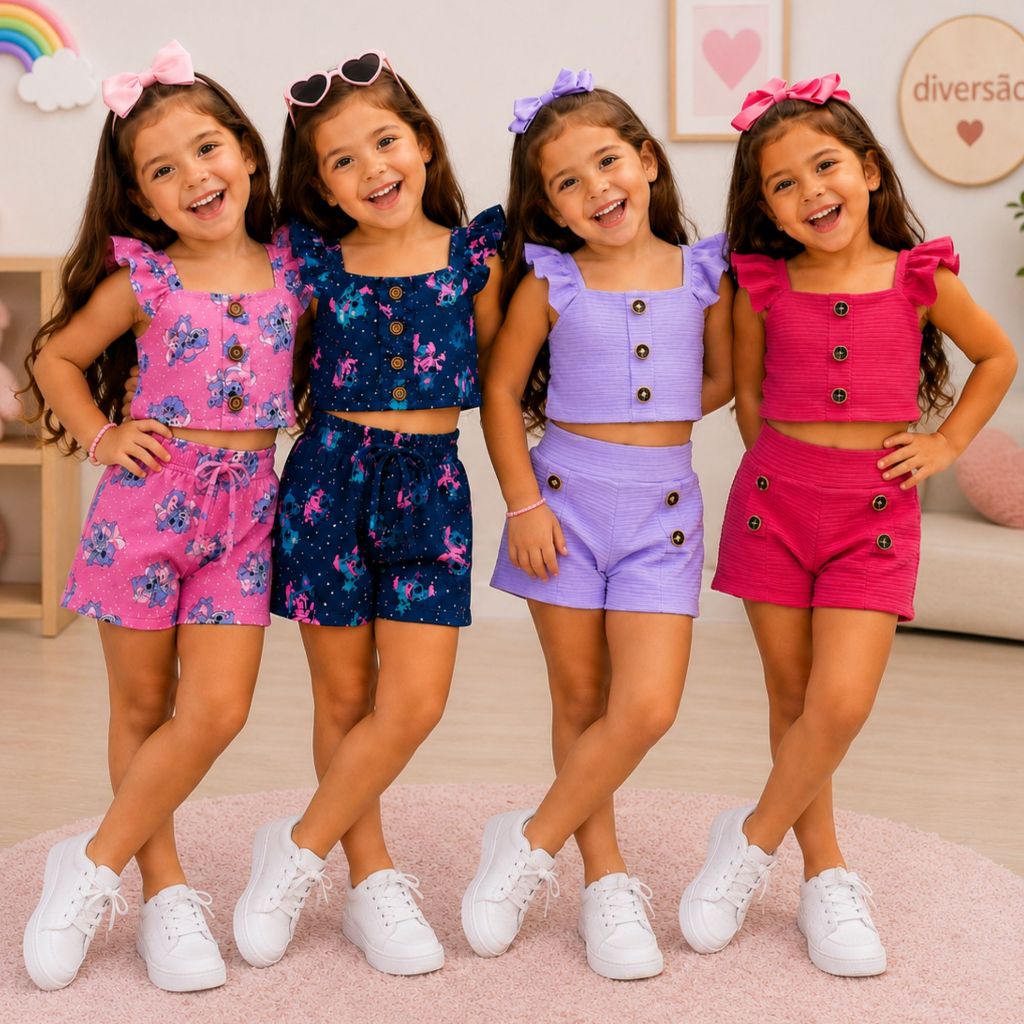 KIT 3 Conjunto Infantil Stitch Short Blusinha Regata Babado Tecido Confortável Tamanhos 2 4 6 8