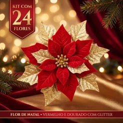 Kit 24 Flores de Natal Artificiais Bico Papagaio Com Glitter Decoração Árvore de Natal E Kit 6, 12 e 18