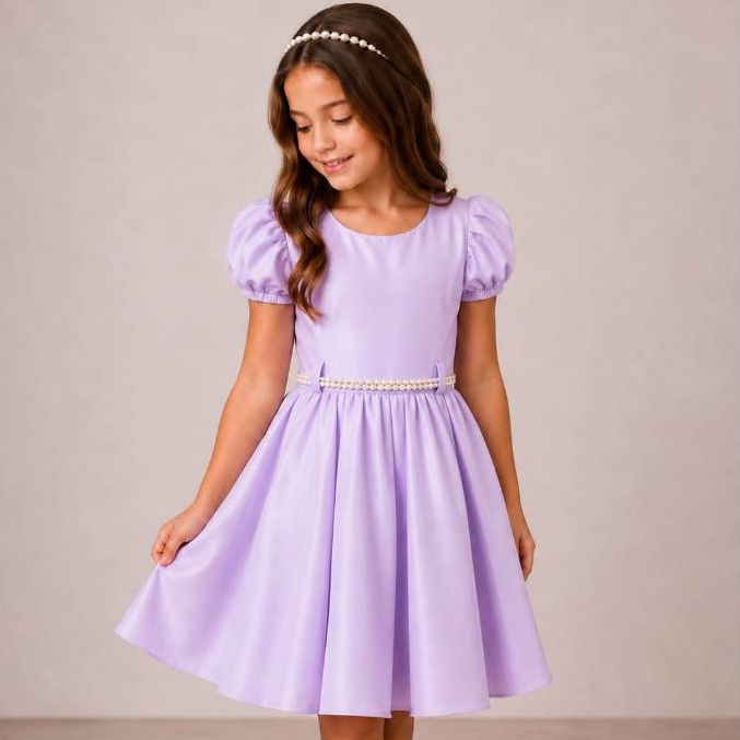 Vestido Infantil Menina Rodado Princesa Liso Lilás - Casual, Batizado, Festas, Formaturas, Aniversário e Casamento
