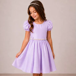 Vestido Infantil Menina Rodado Princesa Liso Lilás - Casual, Batizado, Festas, Formaturas, Aniversário e Casamento