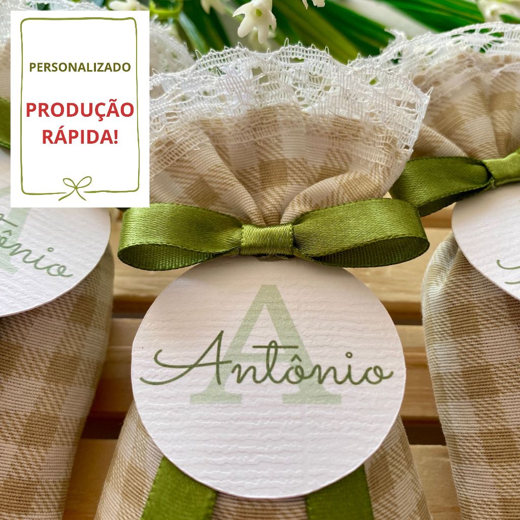 KIT Lembrancinha Chá de Bebê Lembrancinha Maternidade Sachê Cheirinho Xadrez Bege c/ Nome Chá Revelação - ENVIO RÁPIDO!