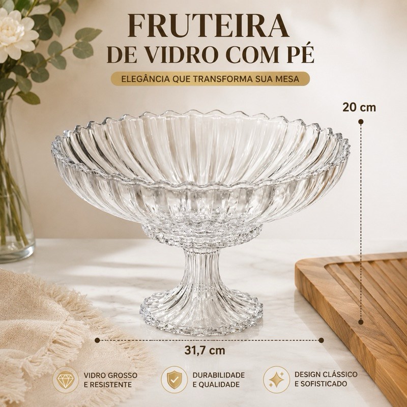 Fruteira de Vidro Com Pé Reforçado Lux High Oval Redonda Design Geneva Elegante Prato de Bolo Grande