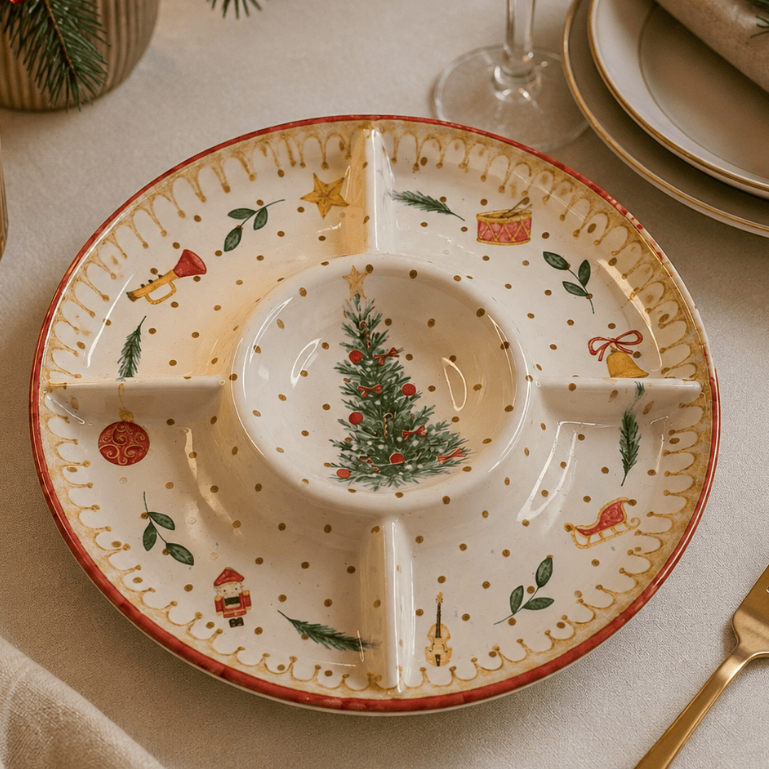 Petisqueira Estampa de Natal Redonda Cerâmica Decoração Natalina Ideal Para Mesa Posta Decoração Natalina Scalla 2a