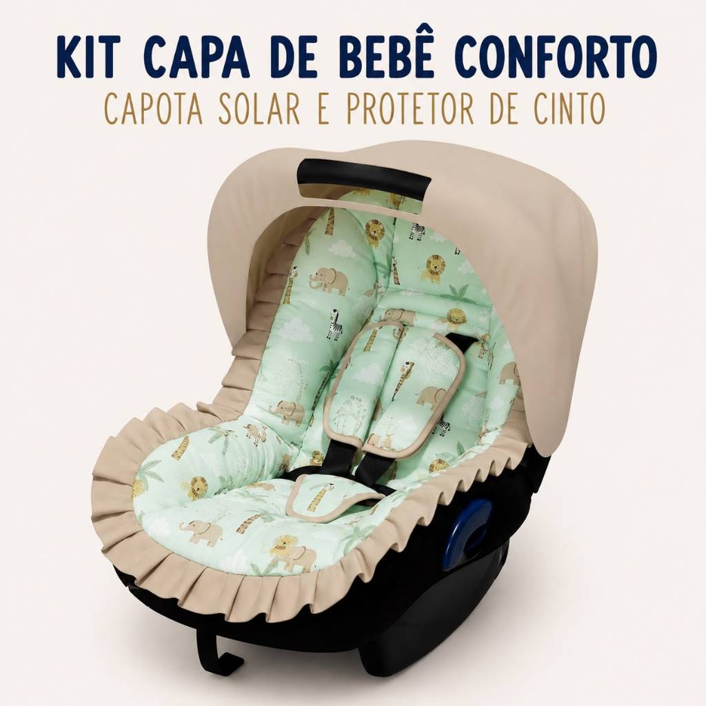Kit Bebê Conforto Capa Protetora Universal + Capota Solar + Protetor de Cinto Universal 100% Algodão