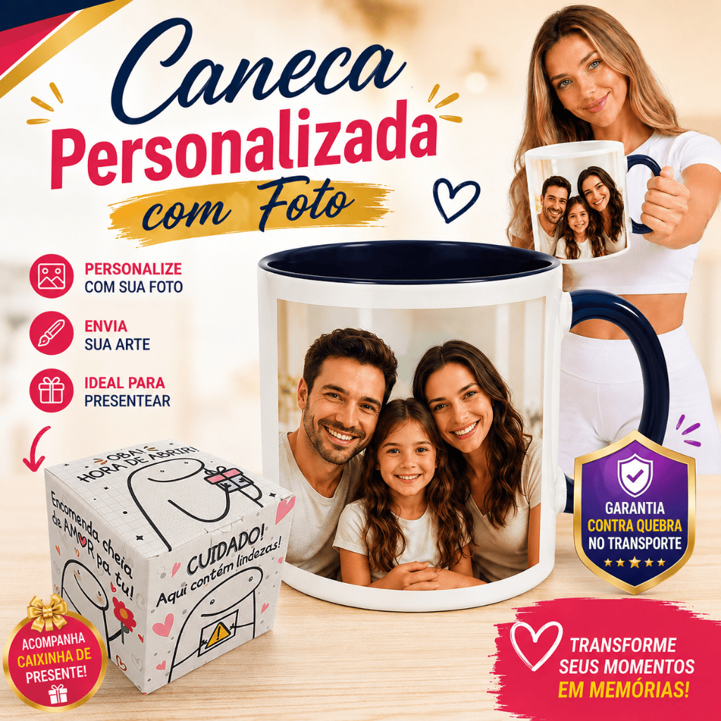 Caneca Personalizada com Foto e Nome + Caixinha de Presente Porcelana para Namorado Namorada Pais Mães 325ml