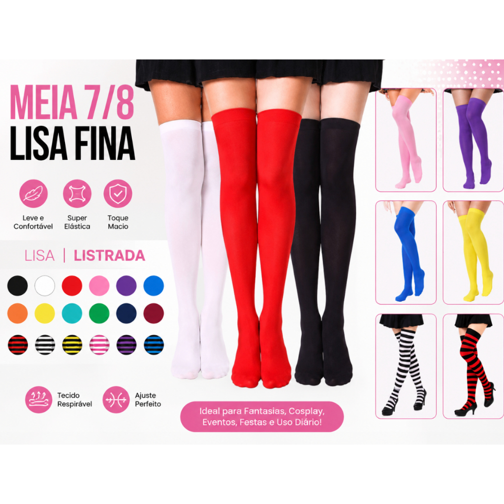 Meia Fina 7/8 Lisa Preto Branco e listrada para Festa Carnaval Cosplay Fantasia Cores variados adulto