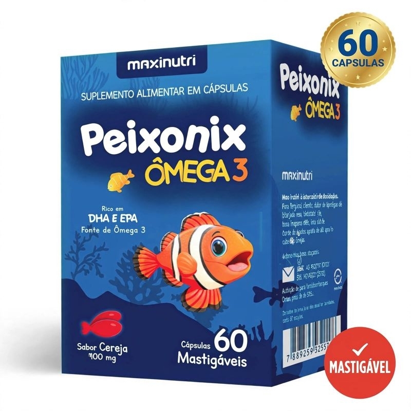 Peixonix Ômega 3 400mg Infantil Mastigável Maxinutri 60 Cps Original Vitamina Cérebro E Memória