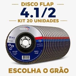 Kit 20 Discos Flap 4.1/2 115mm NewFix Esmerilhadeira Lixa Flap 41/2 Desbaste Acabamento Óxido de Alumínio Grão 40 80 120